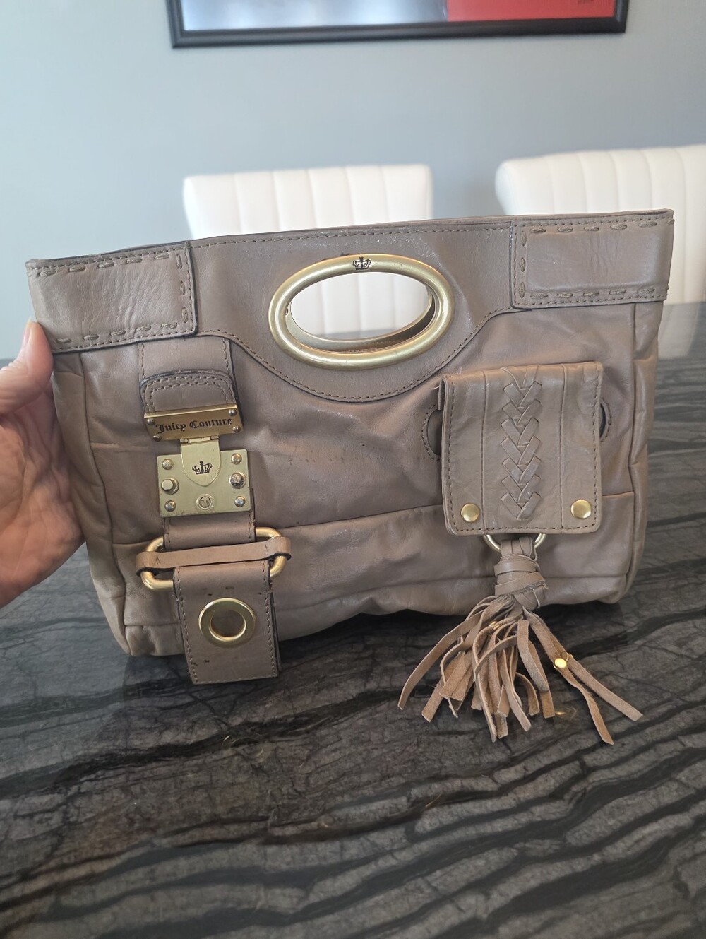 Juicy Couture Beige Leather Clutch with Gold Accents - Pridtine Condition In/Out